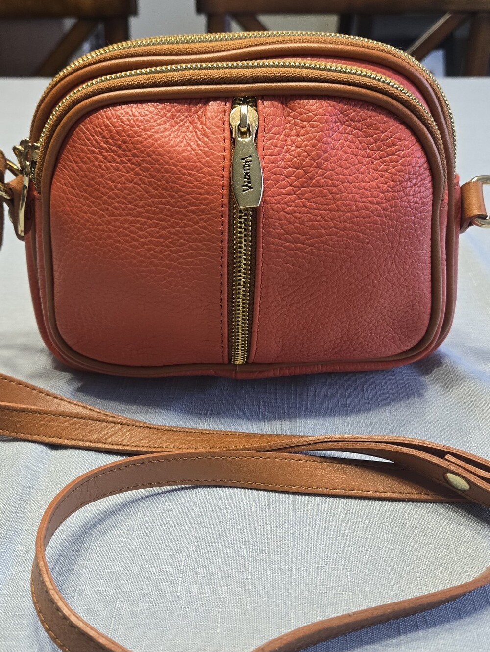 Valentina Italian Leather Coral & Cognac Crossbody Bag Double Zip Camera Bag